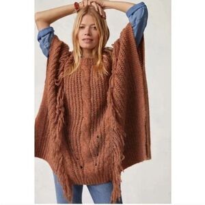 NWT Anthropologie OS Oversized Marled Fringe Knit Poncho Chunky Knit Sweater‎